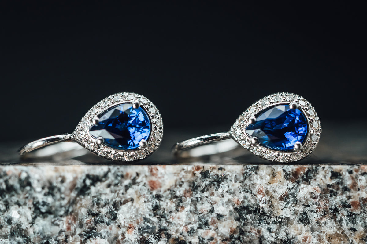 14k White Gold Blue Sapphire and Diamond Halo Drop Earrings