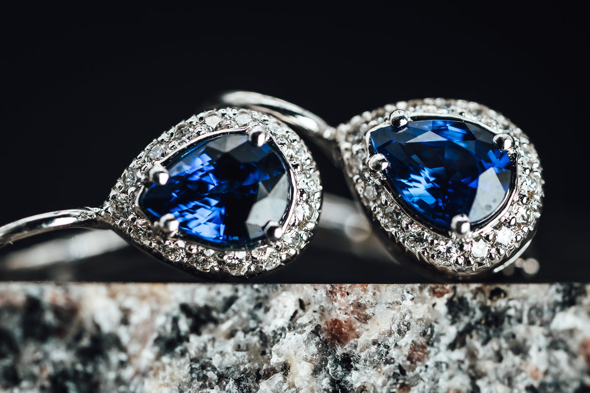 14k White Gold Blue Sapphire and Diamond Halo Drop Earrings