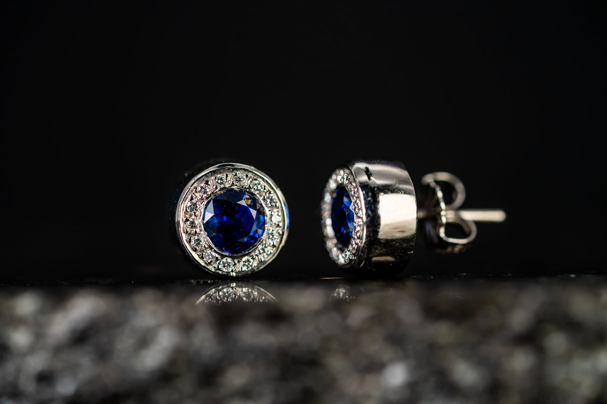 Platinum Blue Sapphire and Diamond Halo Stud Earrings