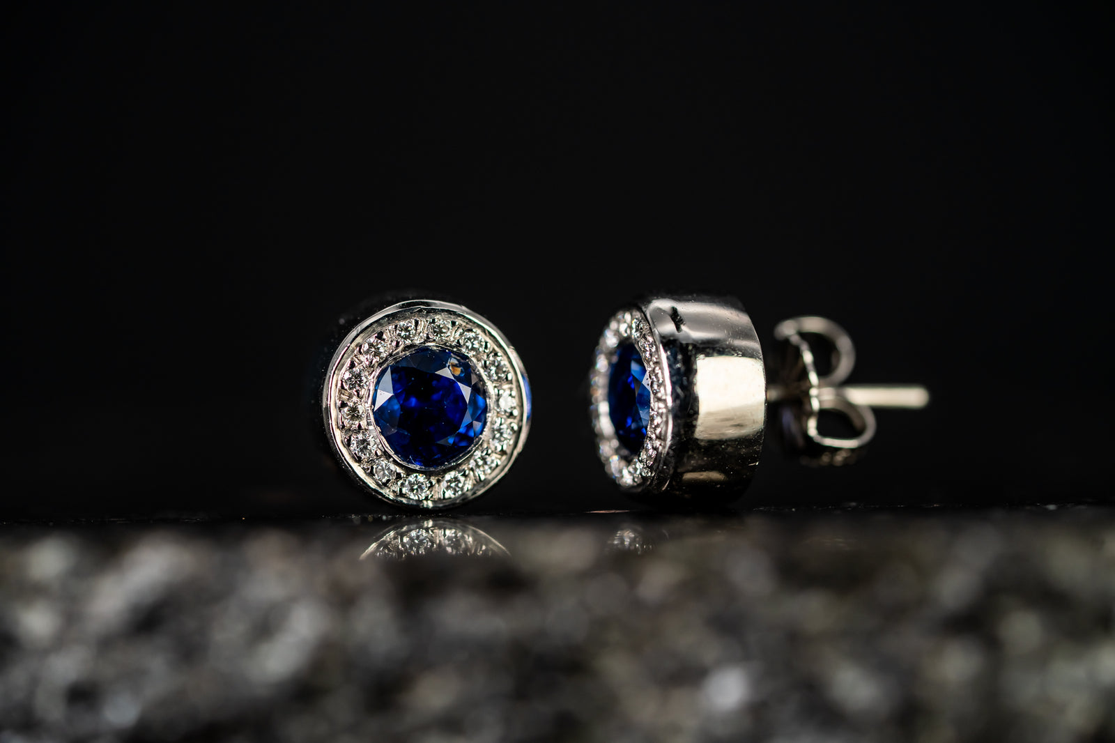 Platinum Blue Sapphire and Diamond Halo Stud Earrings