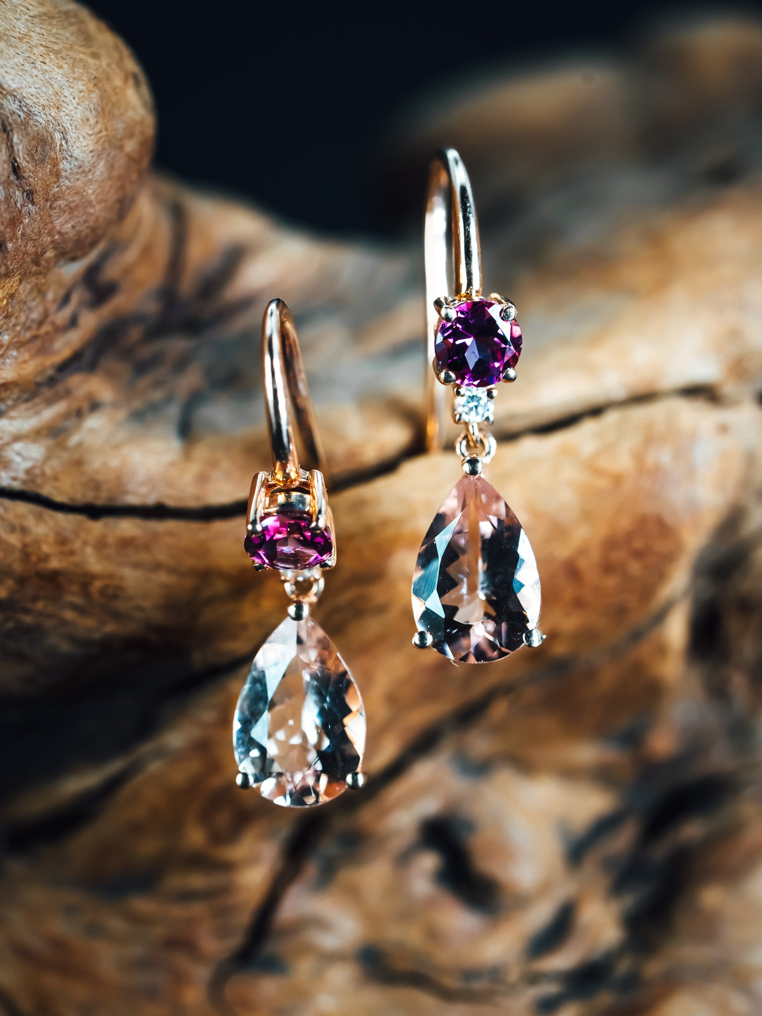 14k Rose Gold Morganite, Pink Tourmaline and Diamond Earrings