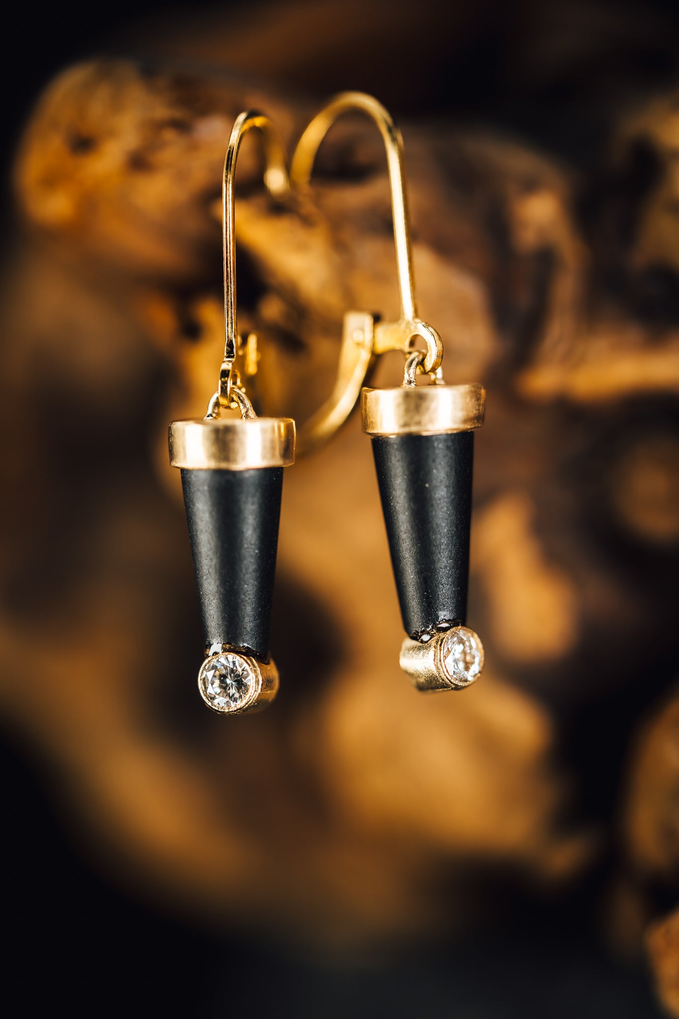 14k Yellow Gold Onyx and Diamond Earrings