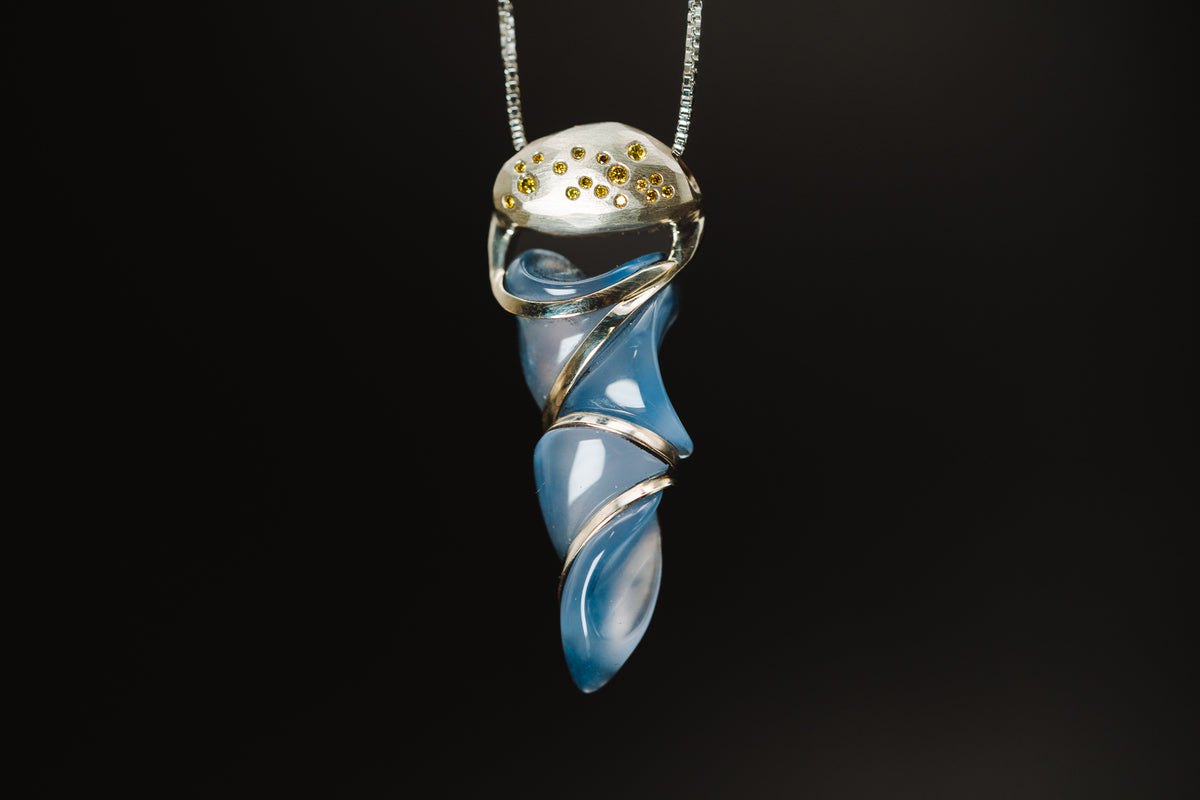 14k White Gold Chalcedony and Yellow Diamond Pendant