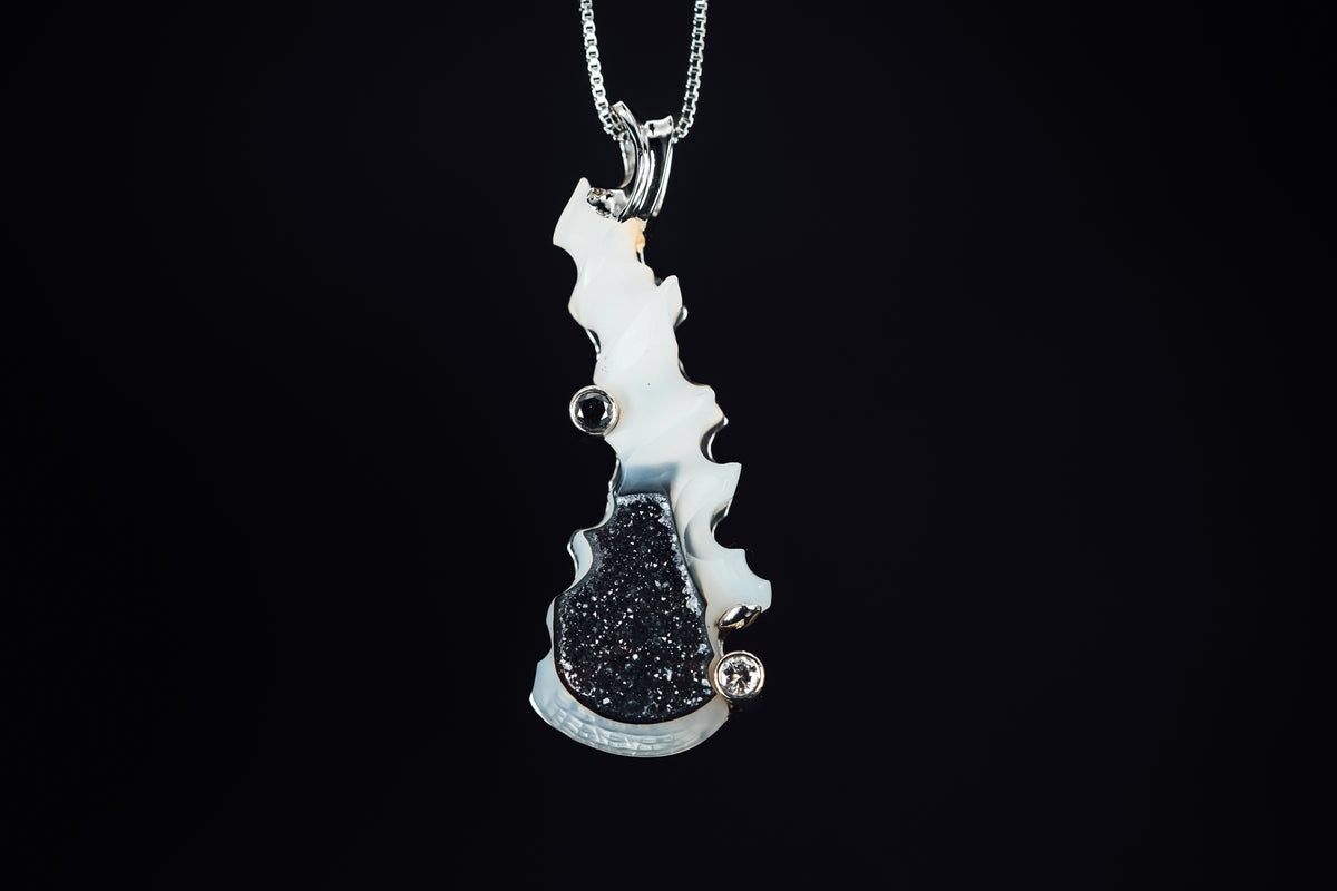 14k White Gold Druzy and Diamond Custom Pendant