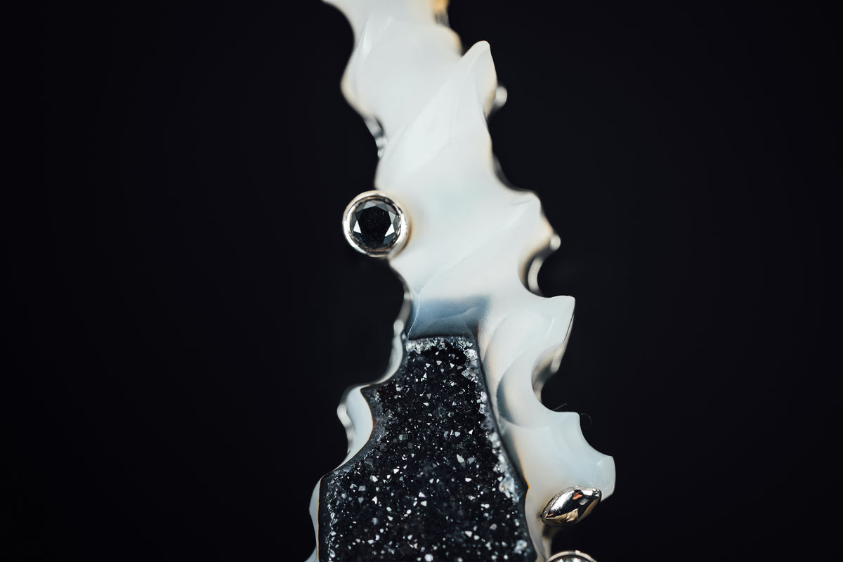 14k White Gold Druzy and Diamond Custom Pendant