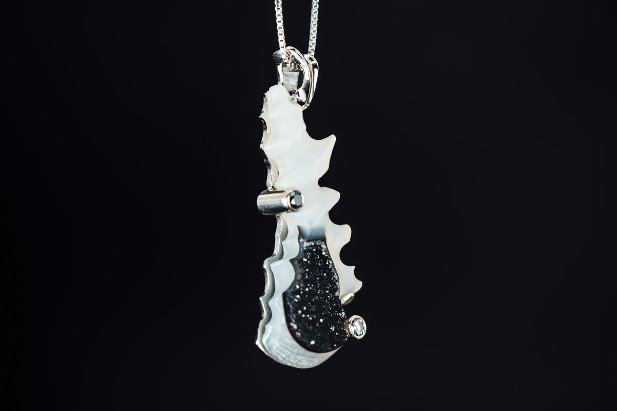 14k White Gold Druzy and Diamond Custom Pendant
