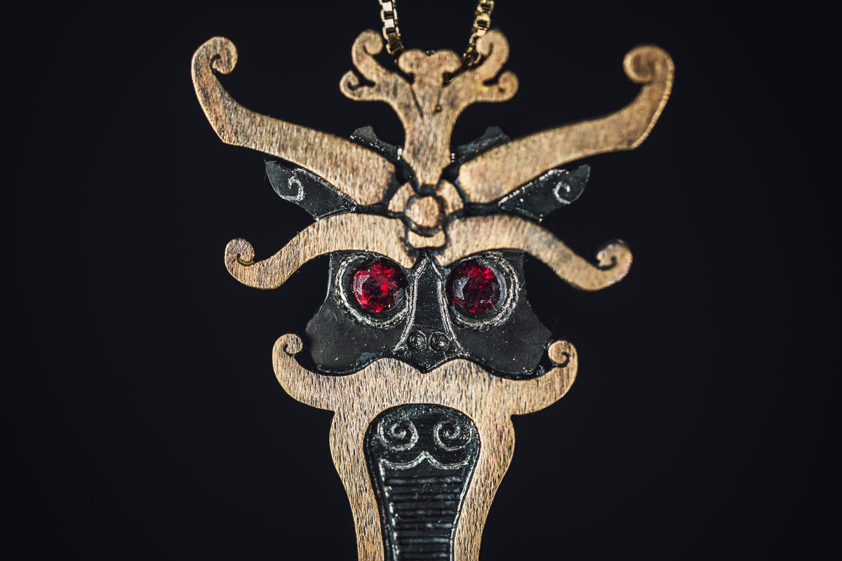 14k Brushed Yellow Gold and Oxidized Sterling Silver Pendant w/Ruby Eyes