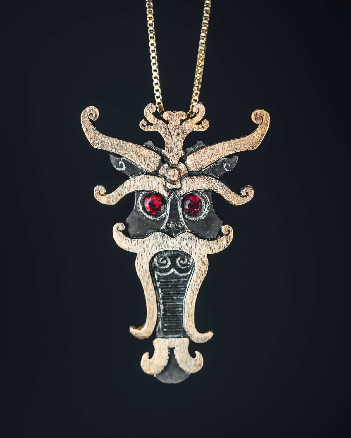 14k Brushed Yellow Gold and Oxidized Sterling Silver Pendant w/Ruby Eyes