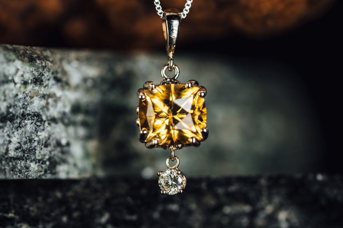 14k White Gold Citrine and Dangling Diamond Pendant