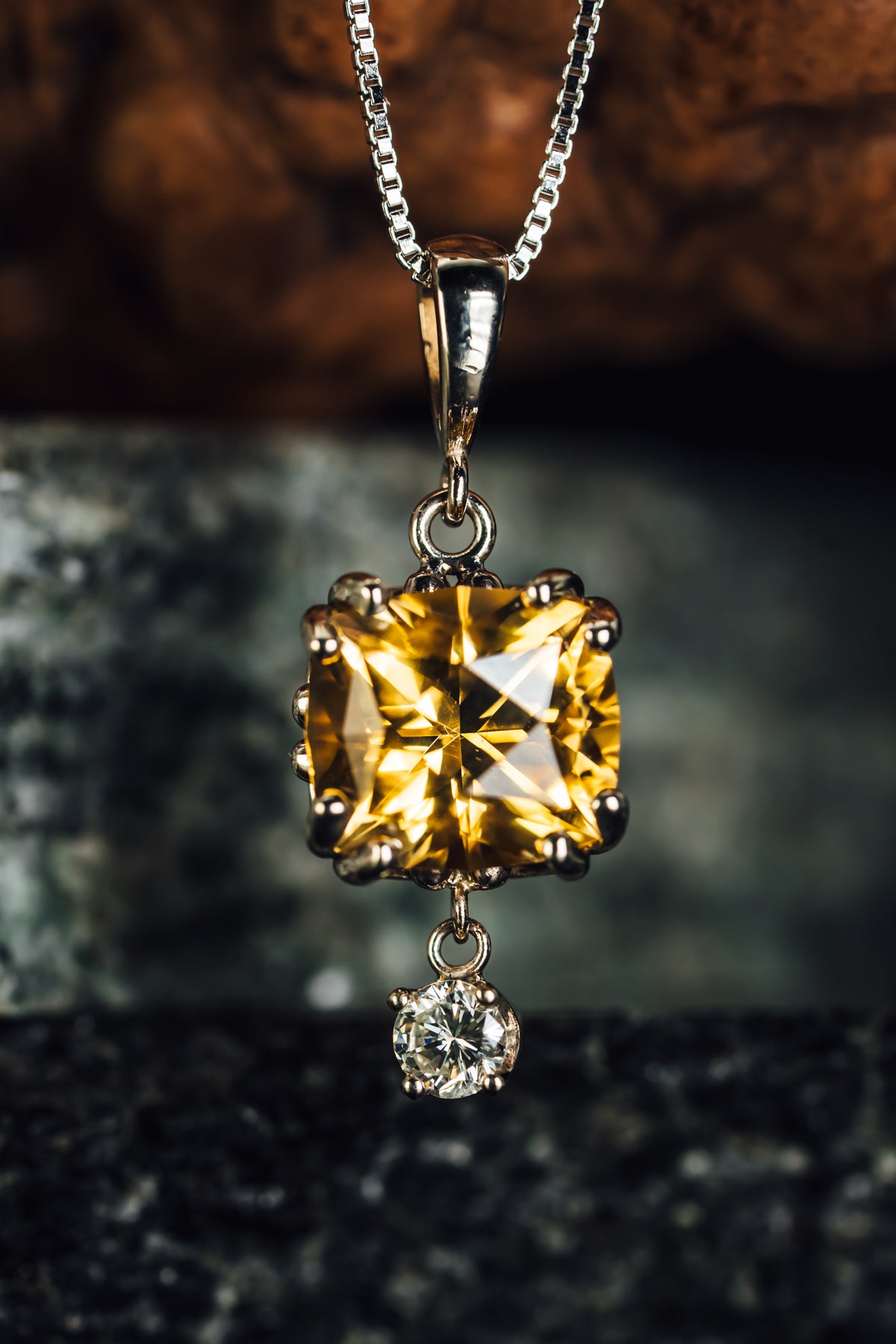 14k White Gold Citrine and Dangling Diamond Pendant