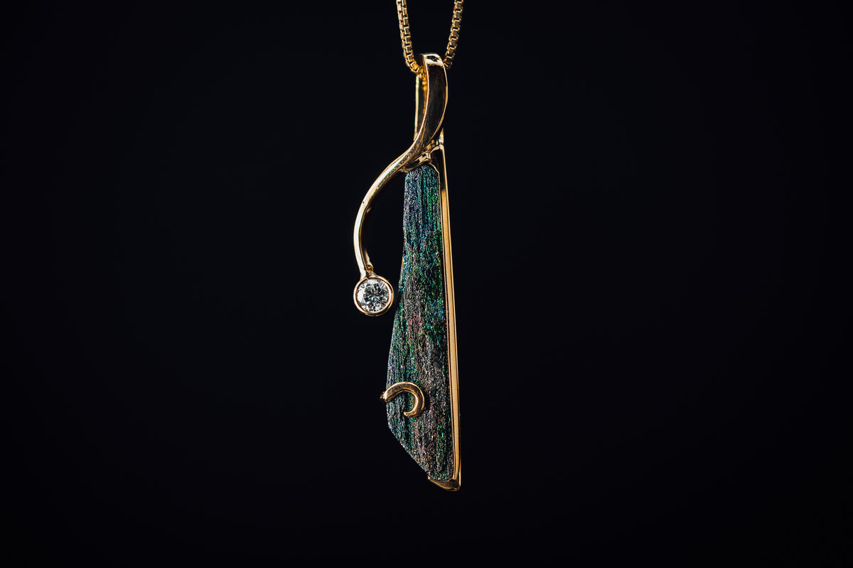 14k Yellow Gold Rainbow Hematite and Diamond Pendant