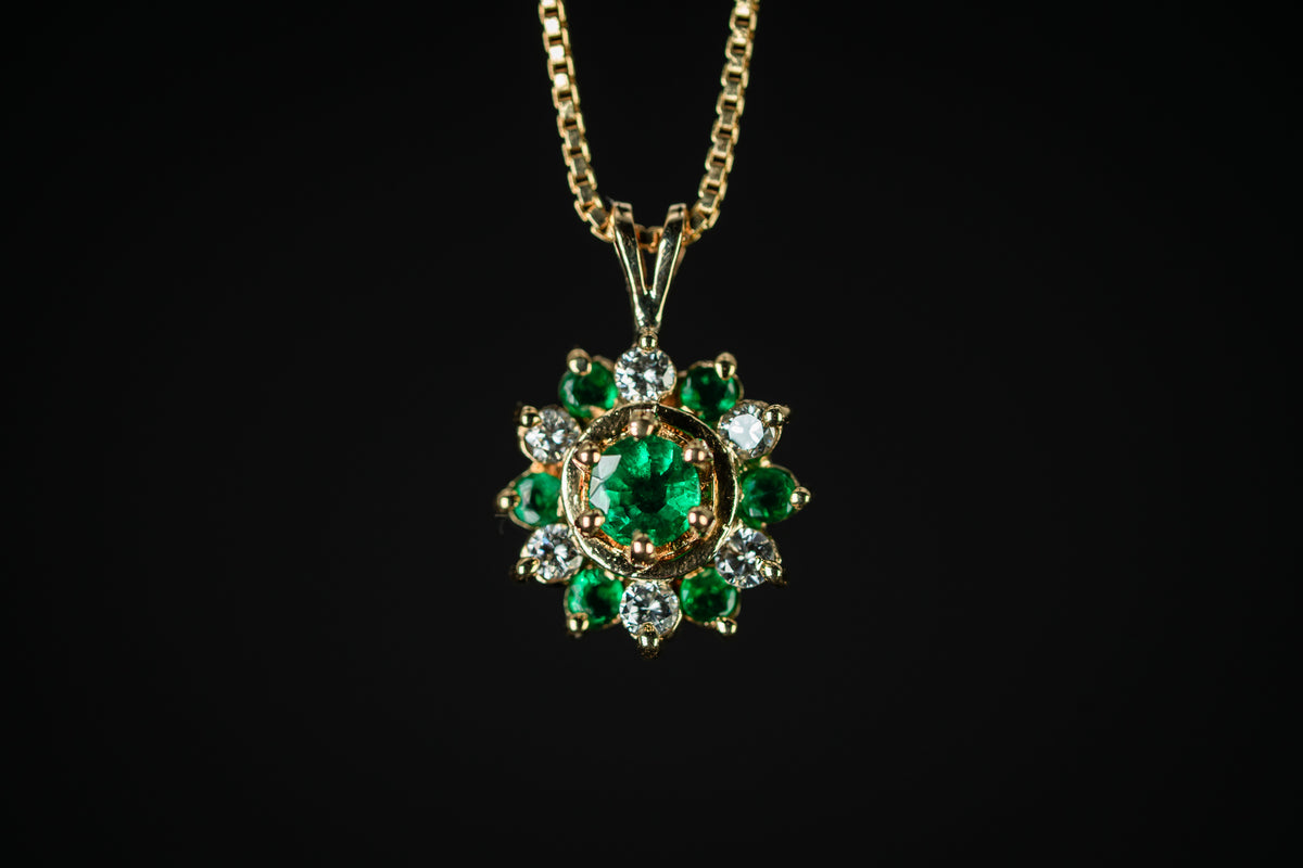 14k Yellow Gold Emerald and Diamond Pendant