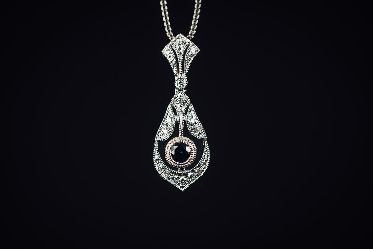 14k White Gold Vintage Style Sapphire and Diamond Pendant