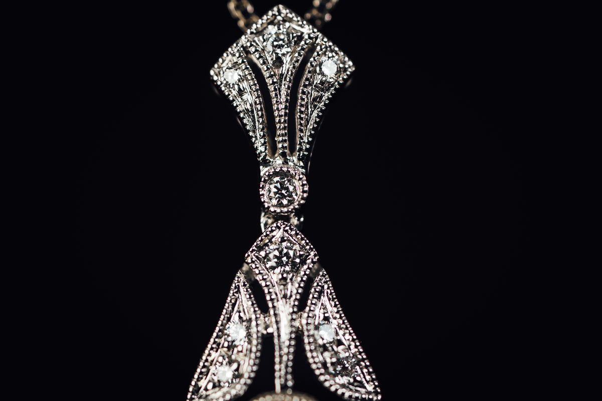 14k White Gold Vintage Style Sapphire and Diamond Pendant