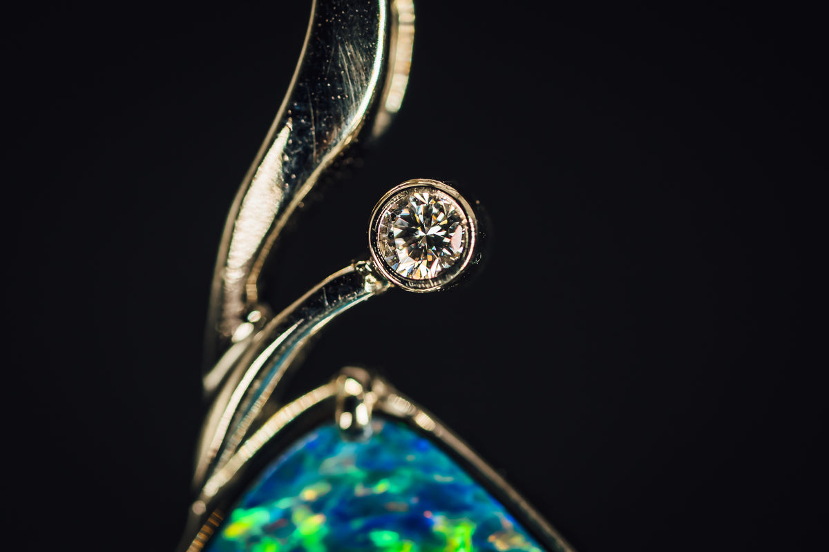 14k White Gold Custom Australian Opal and Diamond Pendant