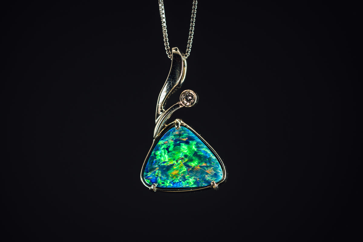 14k White Gold Custom Australian Opal and Diamond Pendant
