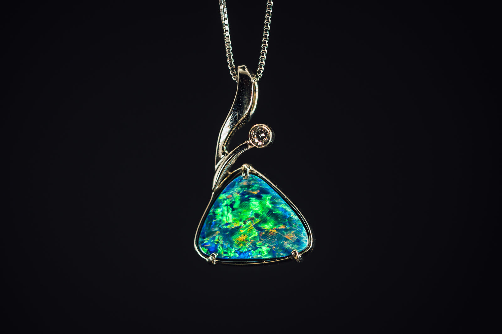 14k White Gold Custom Australian Opal and Diamond Pendant