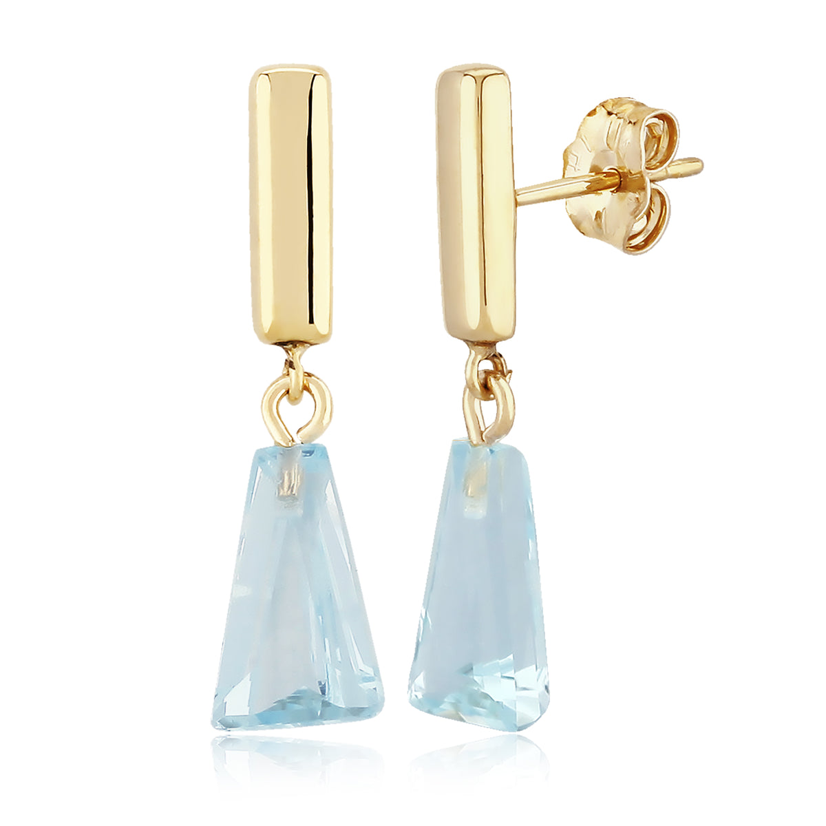 14k Yellow Gold Small Bar Tapered Blue Topaz Earrings