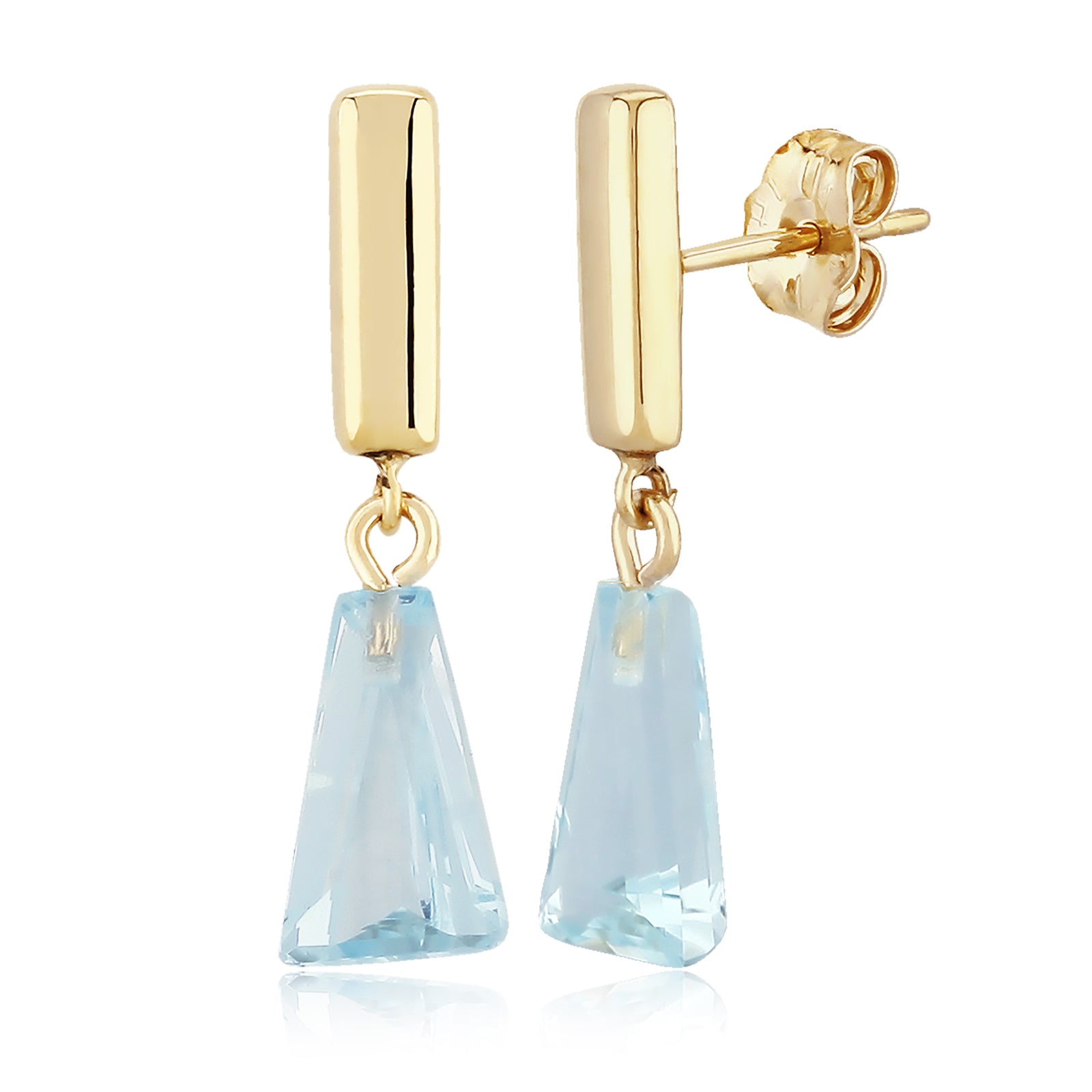 14k Yellow Gold Small Bar Tapered Blue Topaz Earrings