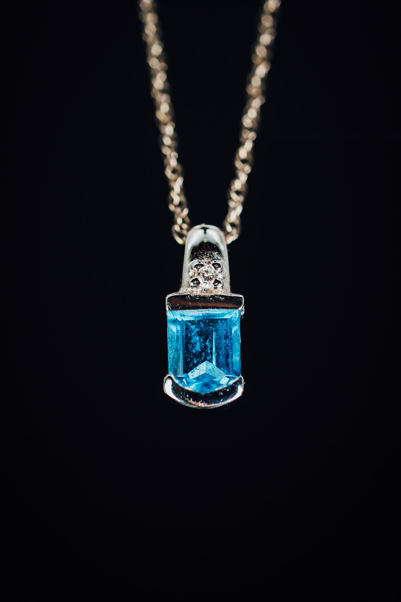 14K White Gold Half Bezel Set Blue Topaz and Diamond Pendant