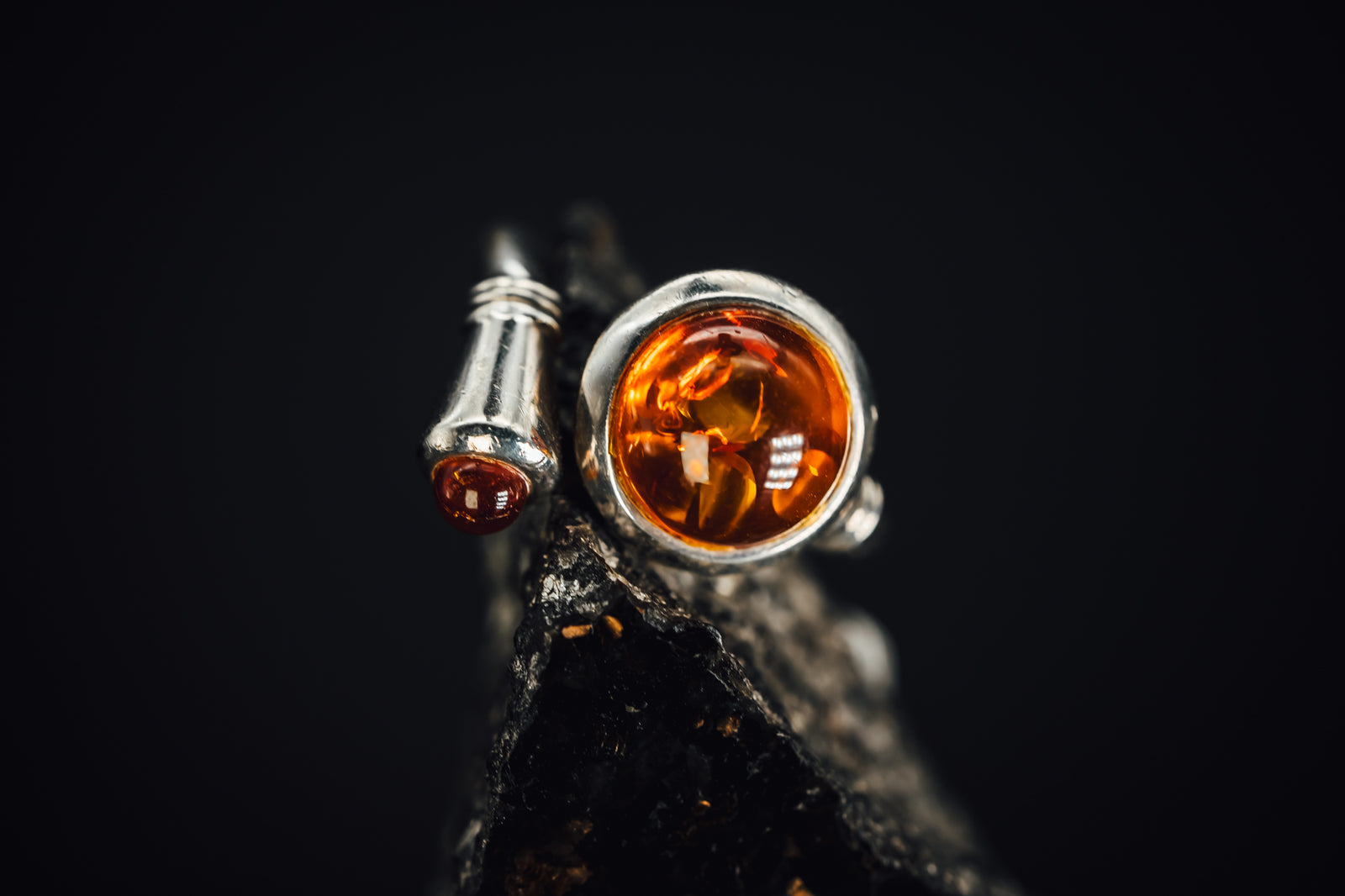 Sterling Silver Bezel Set Amber Drop Ring
