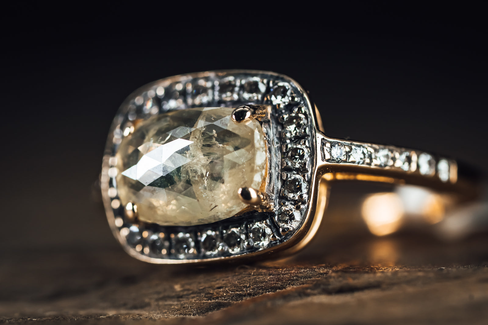 14k Yellow Gold Rose Cut Raw Diamond Halo Ring