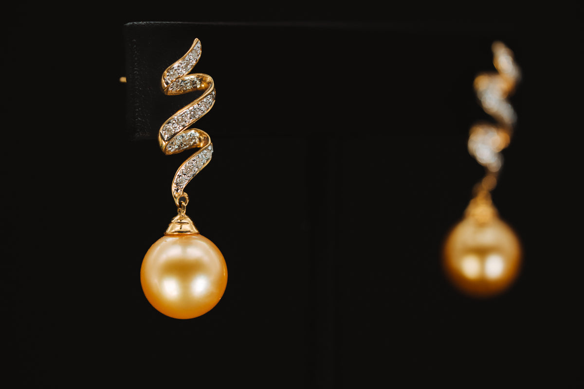 14k Yellow Gold Golden South Sea Pearl and Diamond Earrings