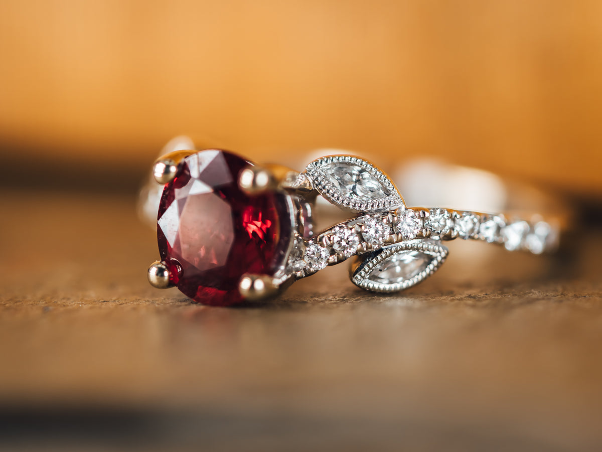 14k White Gold Red Sapphire and Diamond Ring