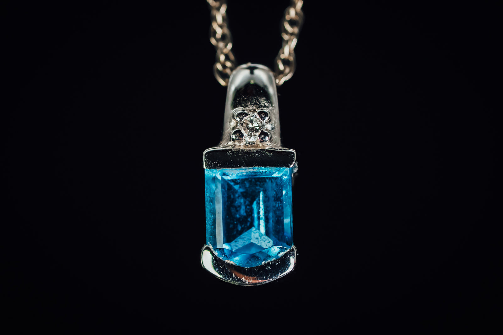 14K White Gold Half Bezel Set Blue Topaz and Diamond Pendant