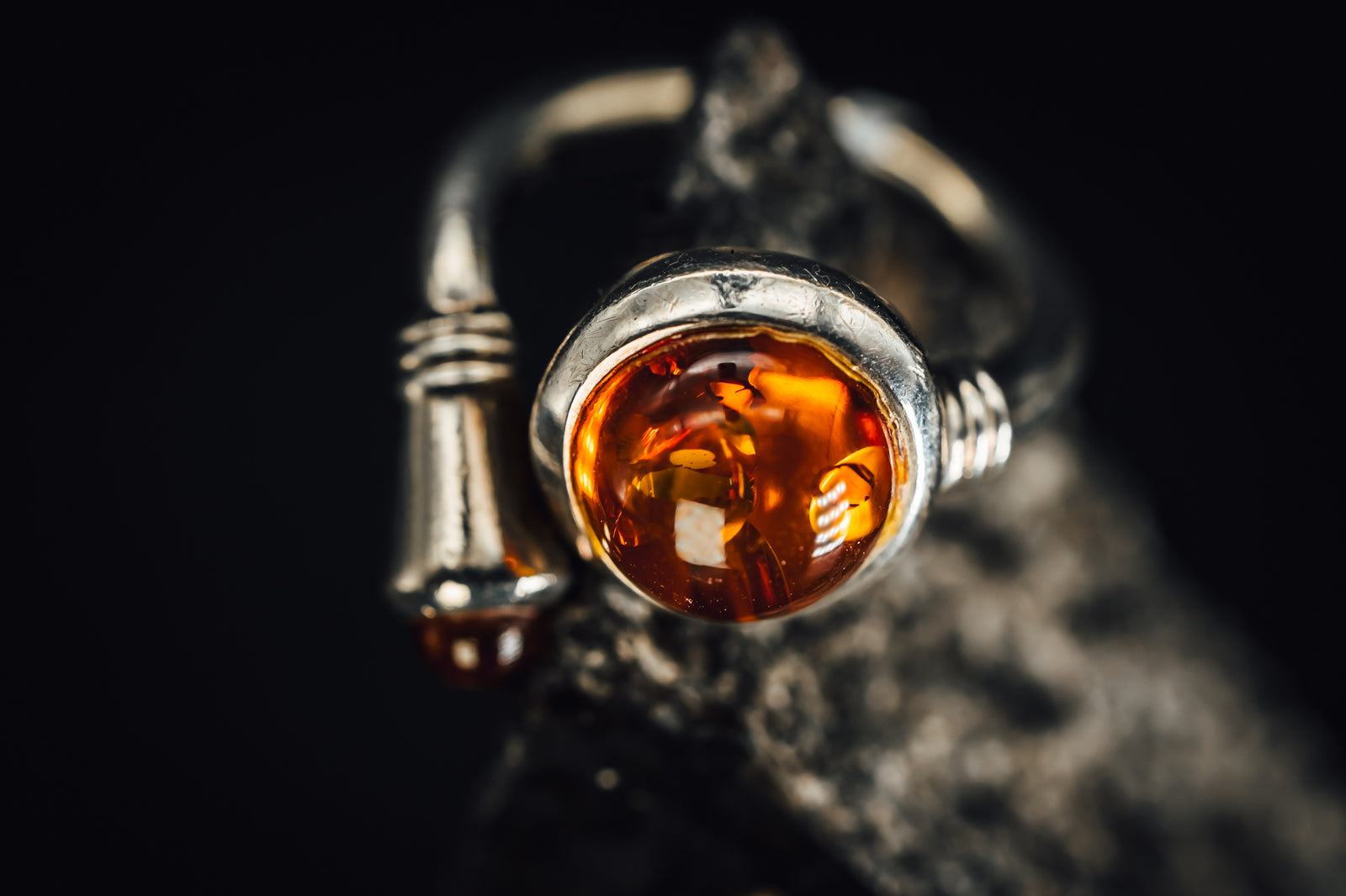 Sterling Silver Bezel Set Amber Drop Ring