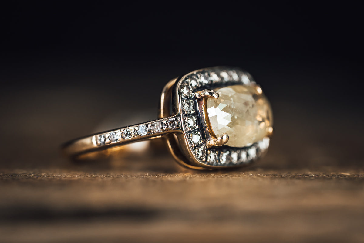 14k Yellow Gold Rose Cut Raw Diamond Halo Ring