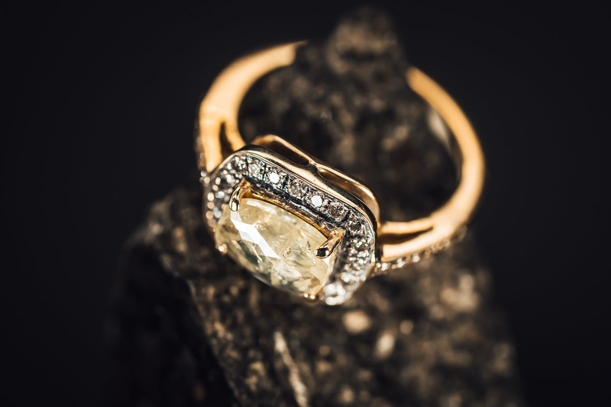 14k Yellow Gold Rose Cut Raw Diamond Halo Ring