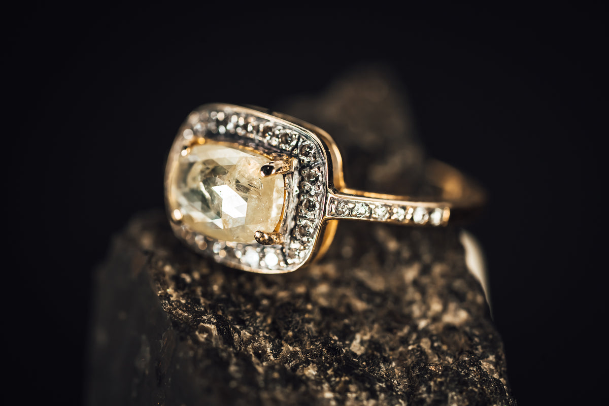 14k Yellow Gold Rose Cut Raw Diamond Halo Ring