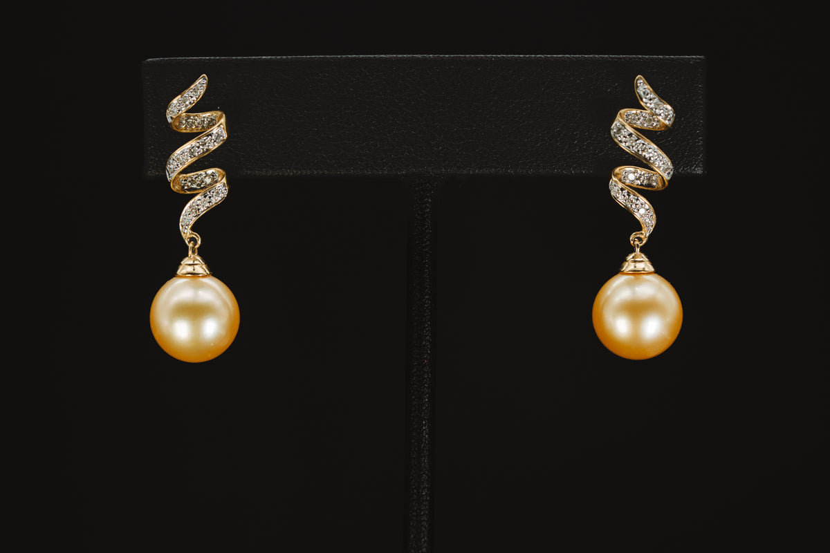 14k Yellow Gold Golden South Sea Pearl and Diamond Earrings