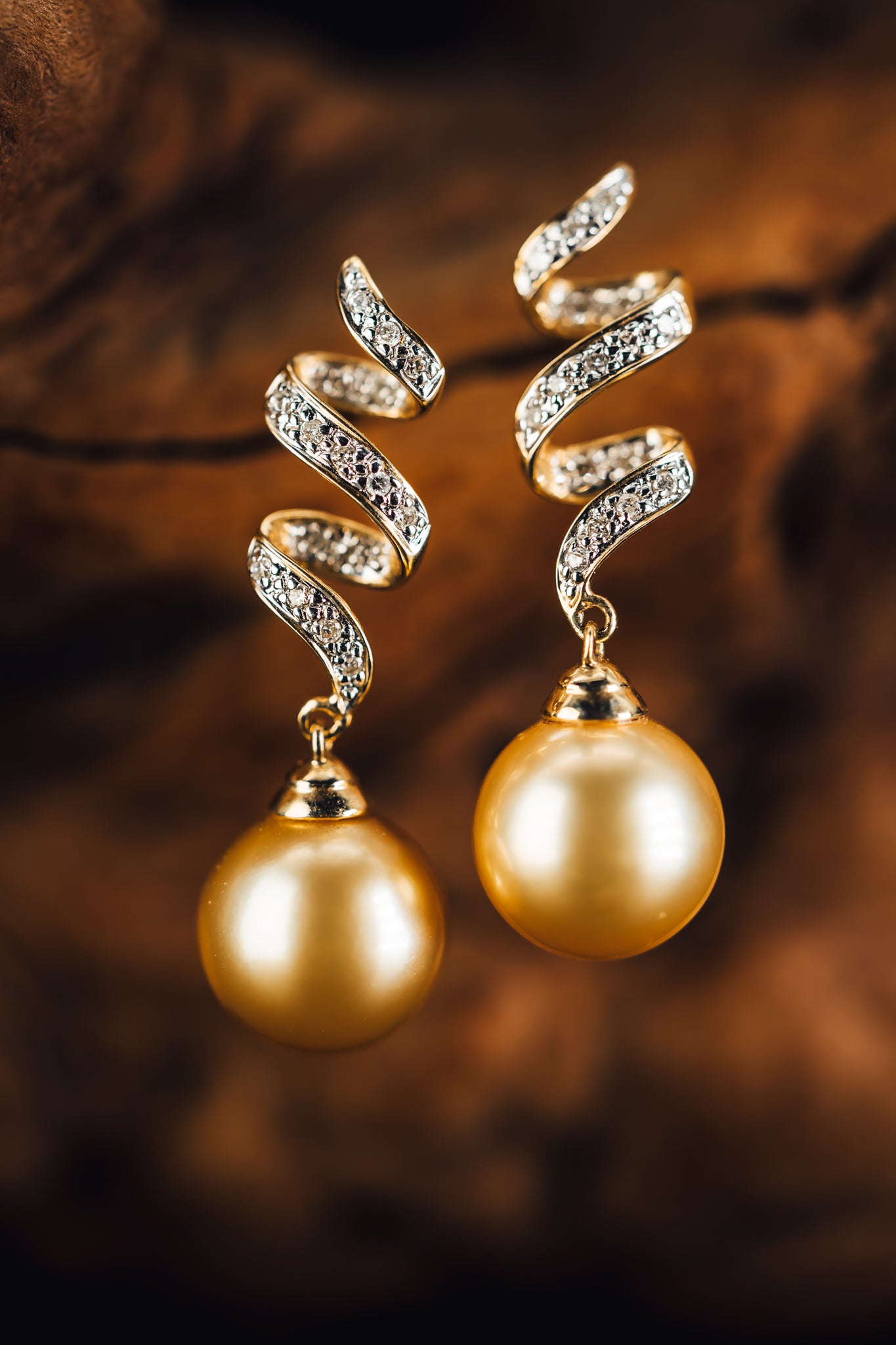 14k Yellow Gold Golden South Sea Pearl and Diamond Earrings