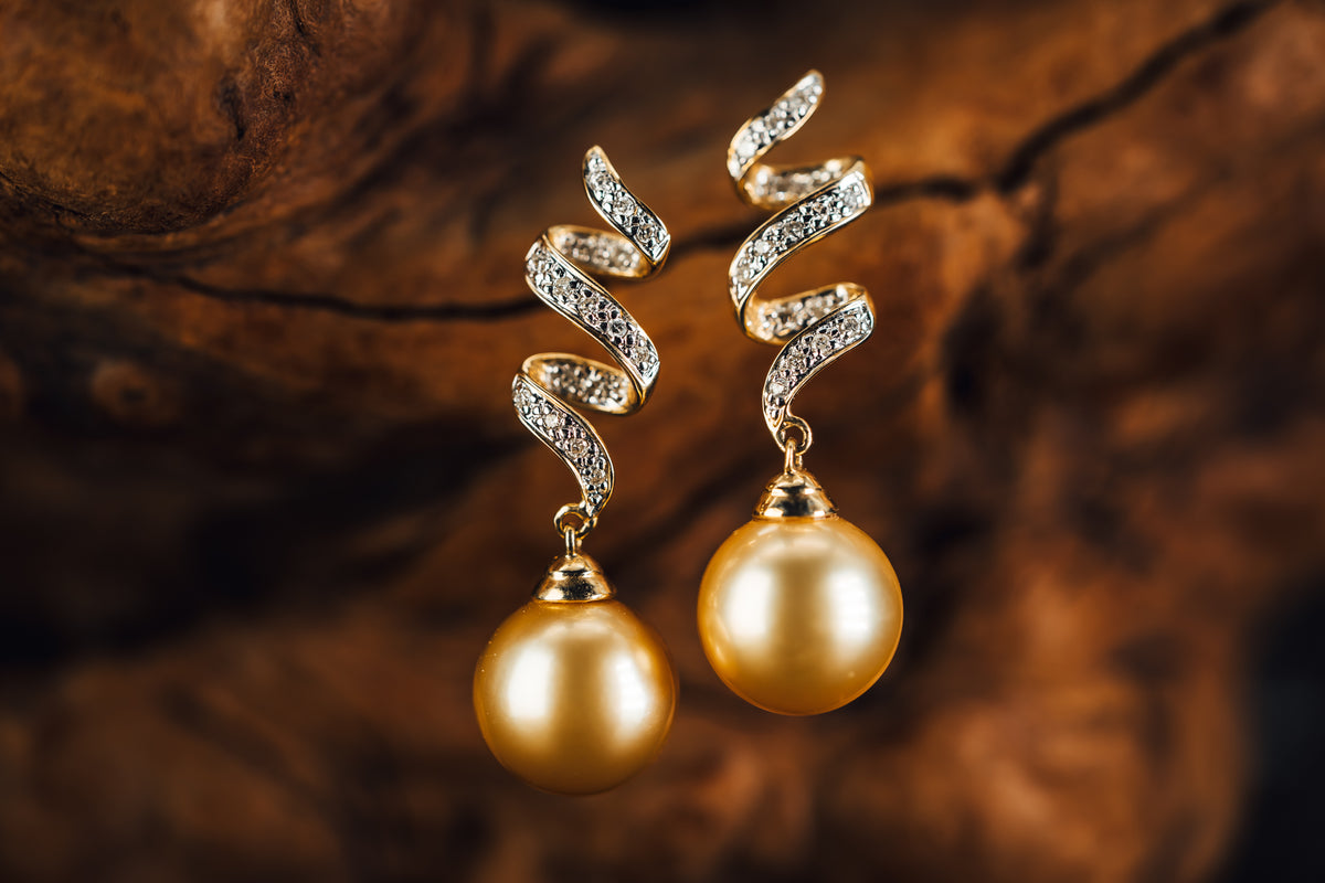 14k Yellow Gold Golden South Sea Pearl and Diamond Earrings