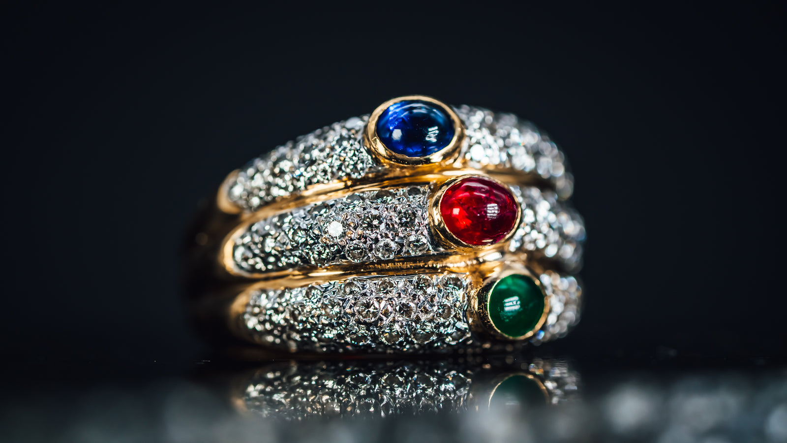 18k Yellow Gold Emerald, Ruby, Sapphire and  Pave' Diamond Ring