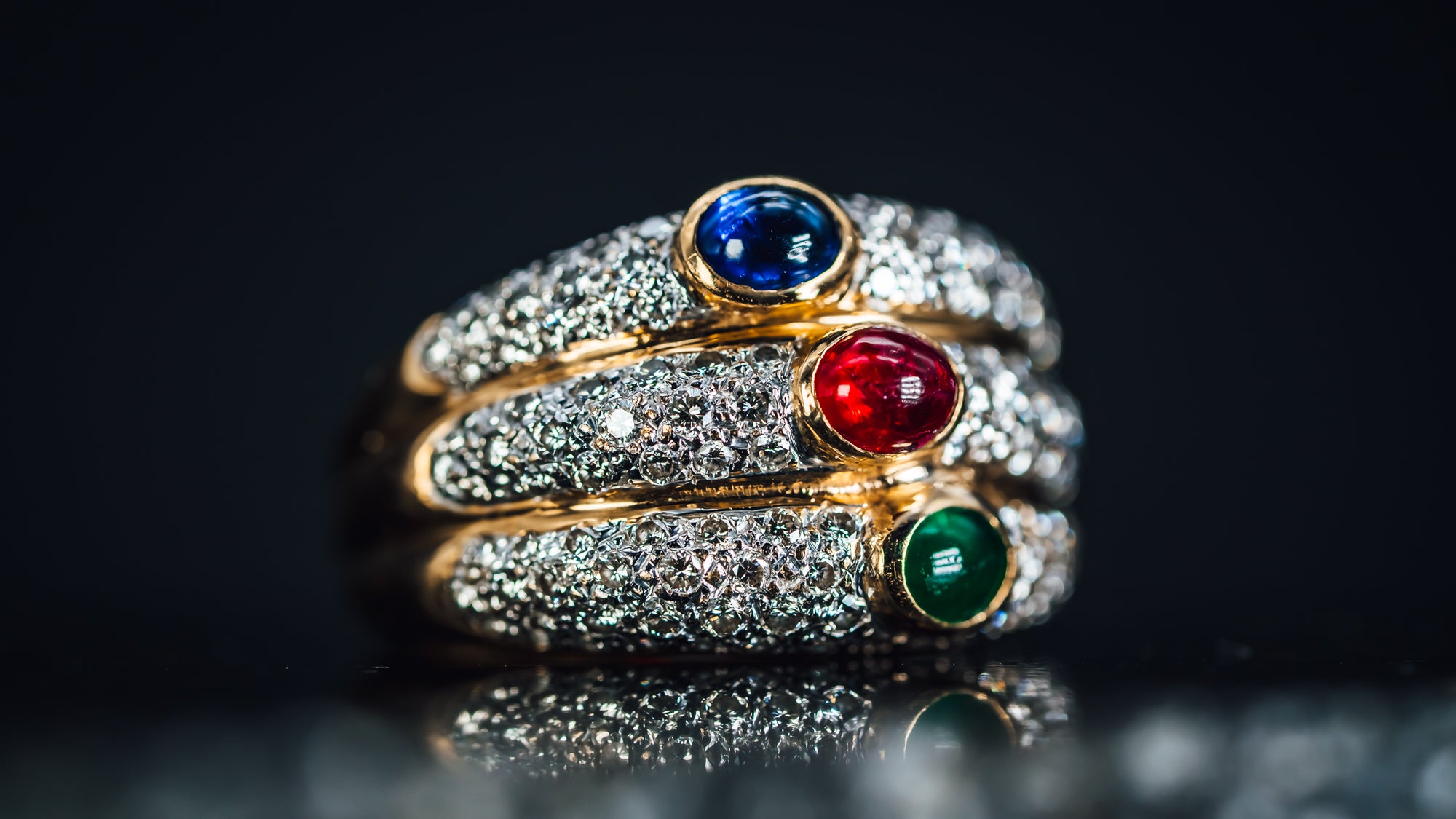 18k Yellow Gold Emerald, Ruby, Sapphire and  Pave' Diamond Ring