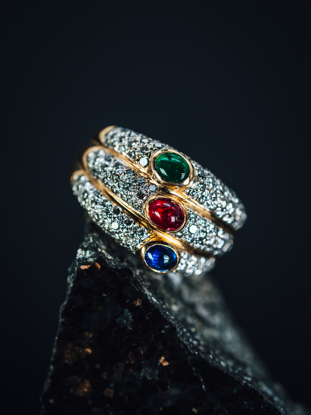 18k Yellow Gold Emerald, Ruby, Sapphire and  Pave&#39; Diamond Ring