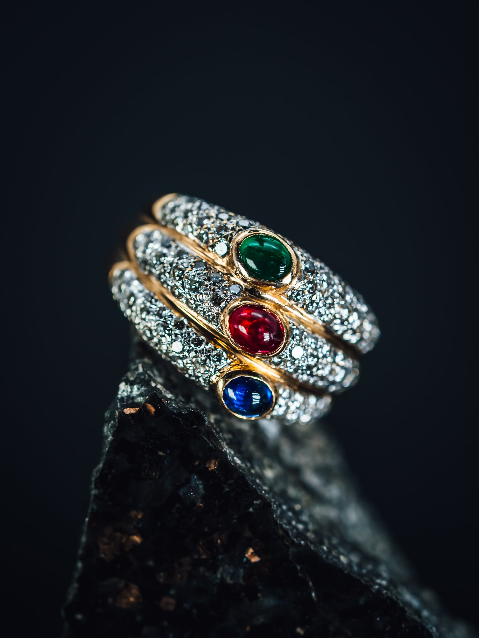 18k Yellow Gold Emerald, Ruby, Sapphire and  Pave' Diamond Ring
