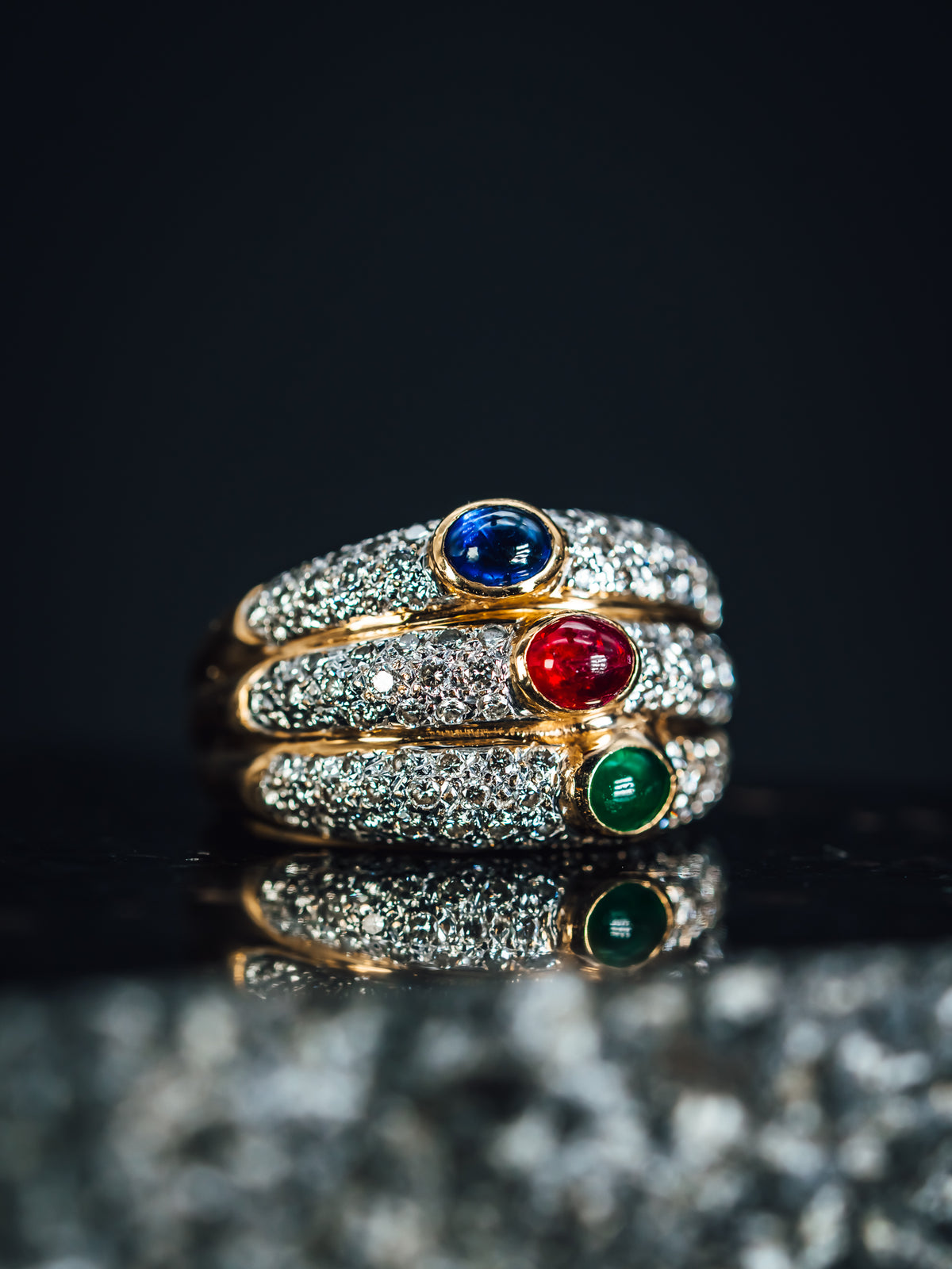 18k Yellow Gold Emerald, Ruby, Sapphire and  Pave&#39; Diamond Ring