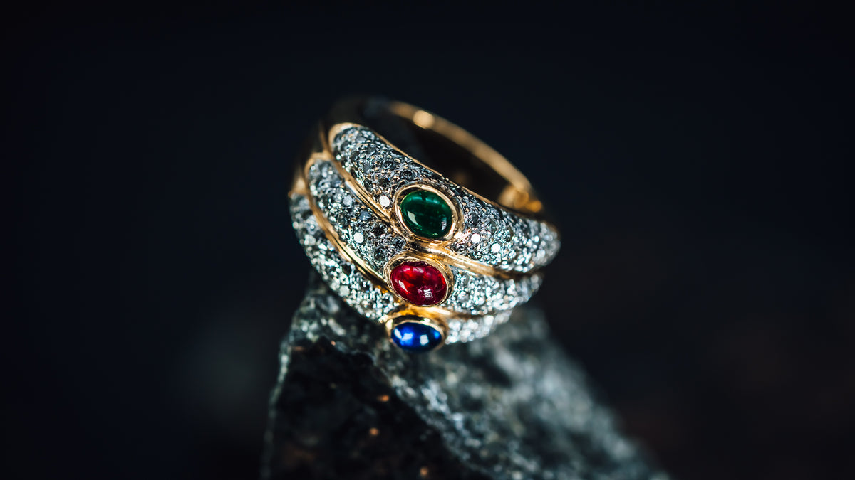 18k Yellow Gold Emerald, Ruby, Sapphire and  Pave&#39; Diamond Ring