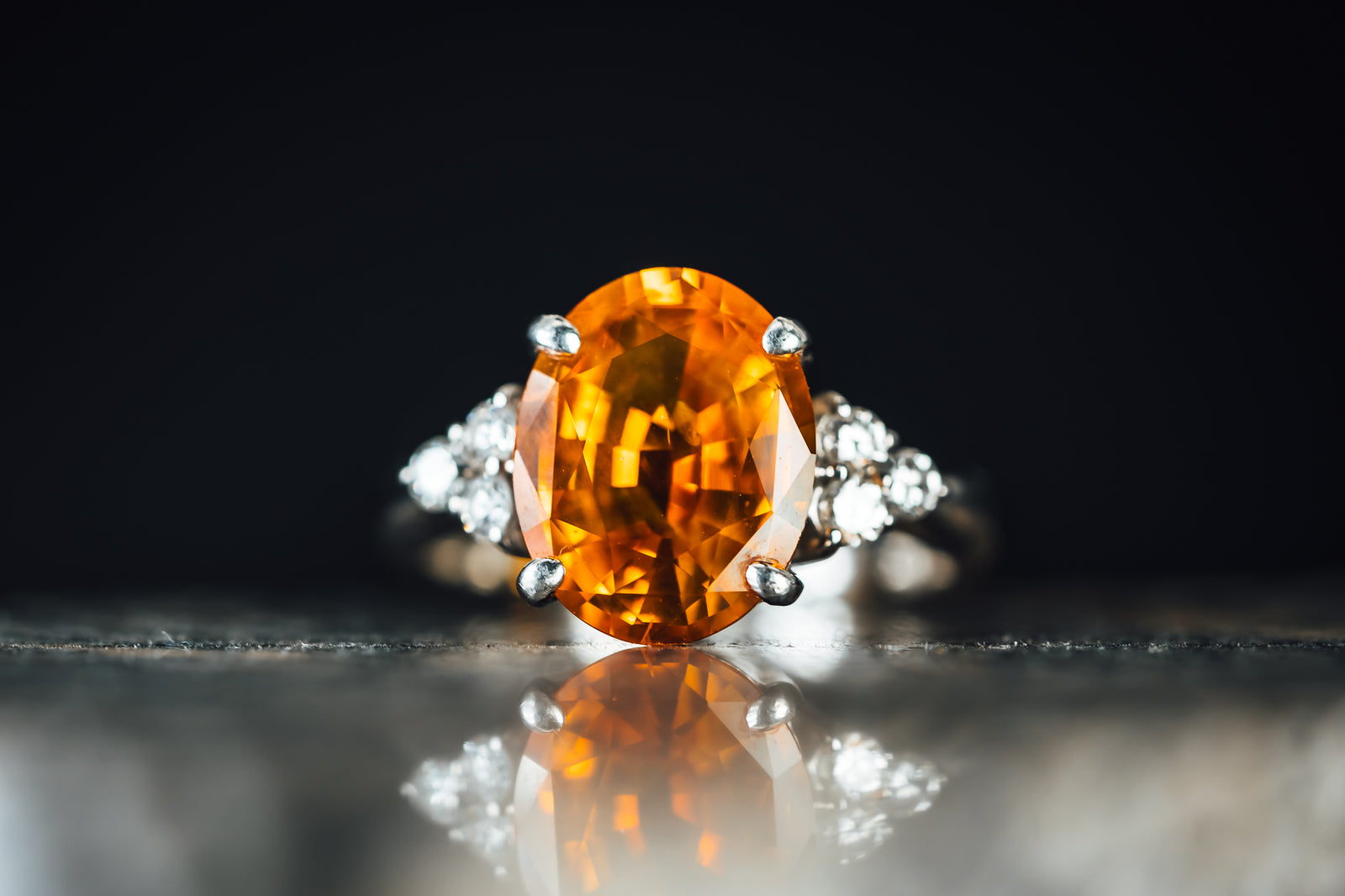 14k White Gold Orange Sapphire and Diamond Ring