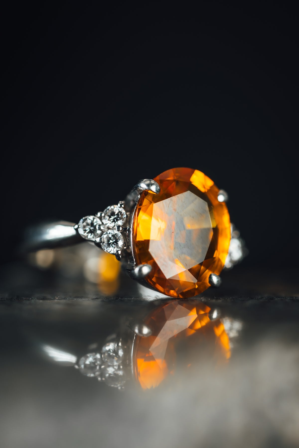 14k White Gold Orange Sapphire and Diamond Ring
