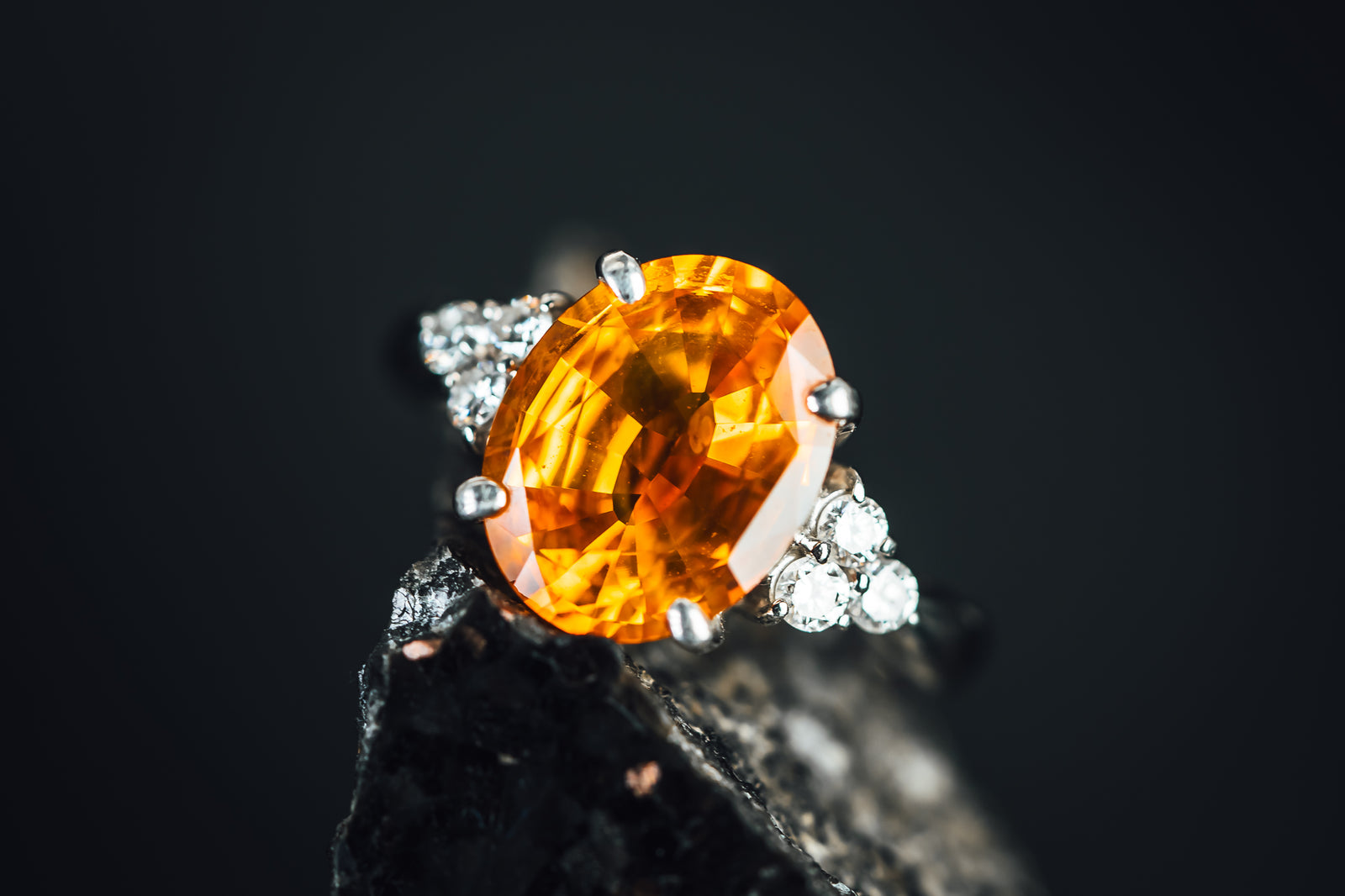 14k White Gold Orange Sapphire and Diamond Ring