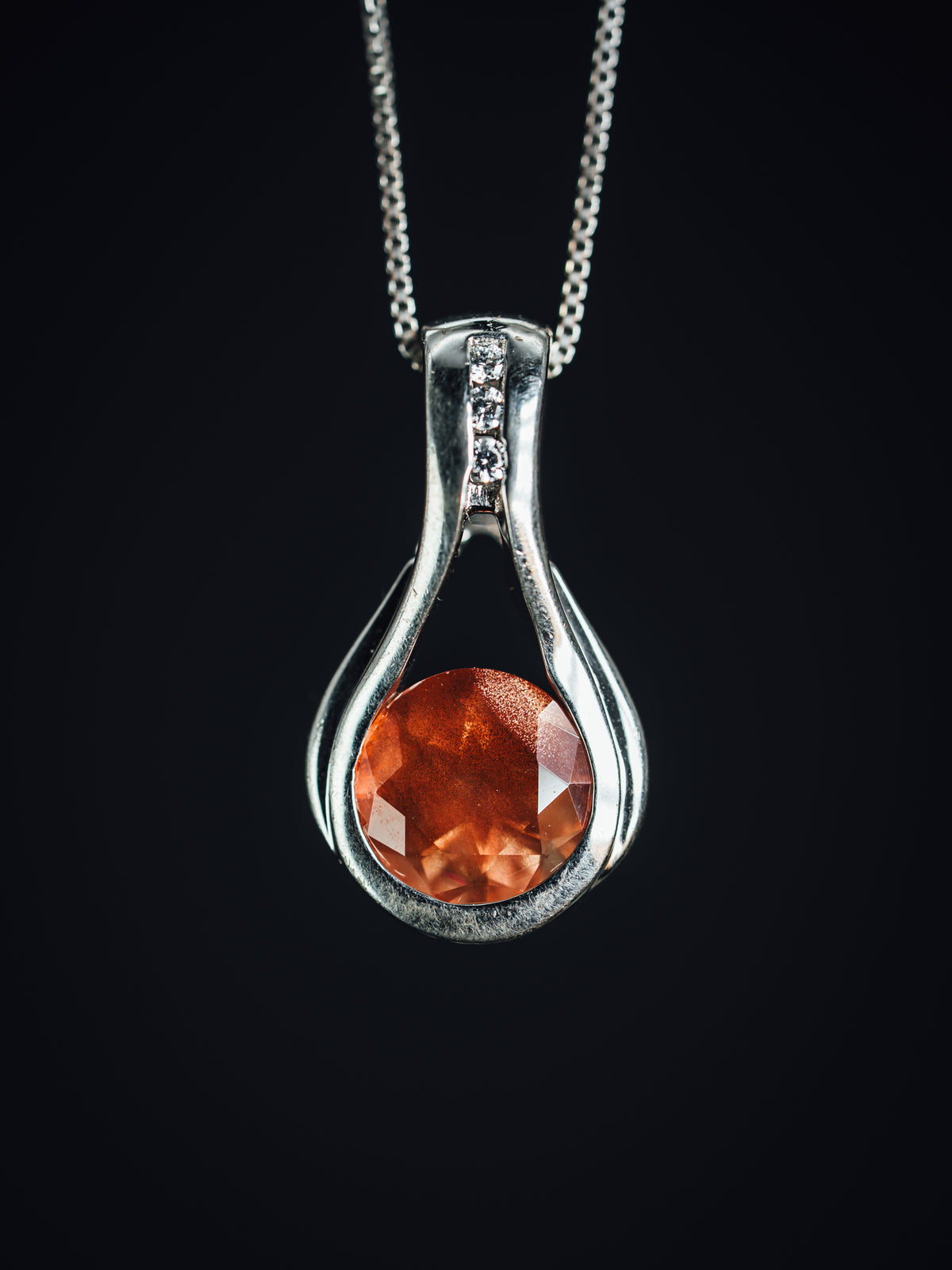 Sterling Silver Round Oregon Sunstone and CZ Pendant