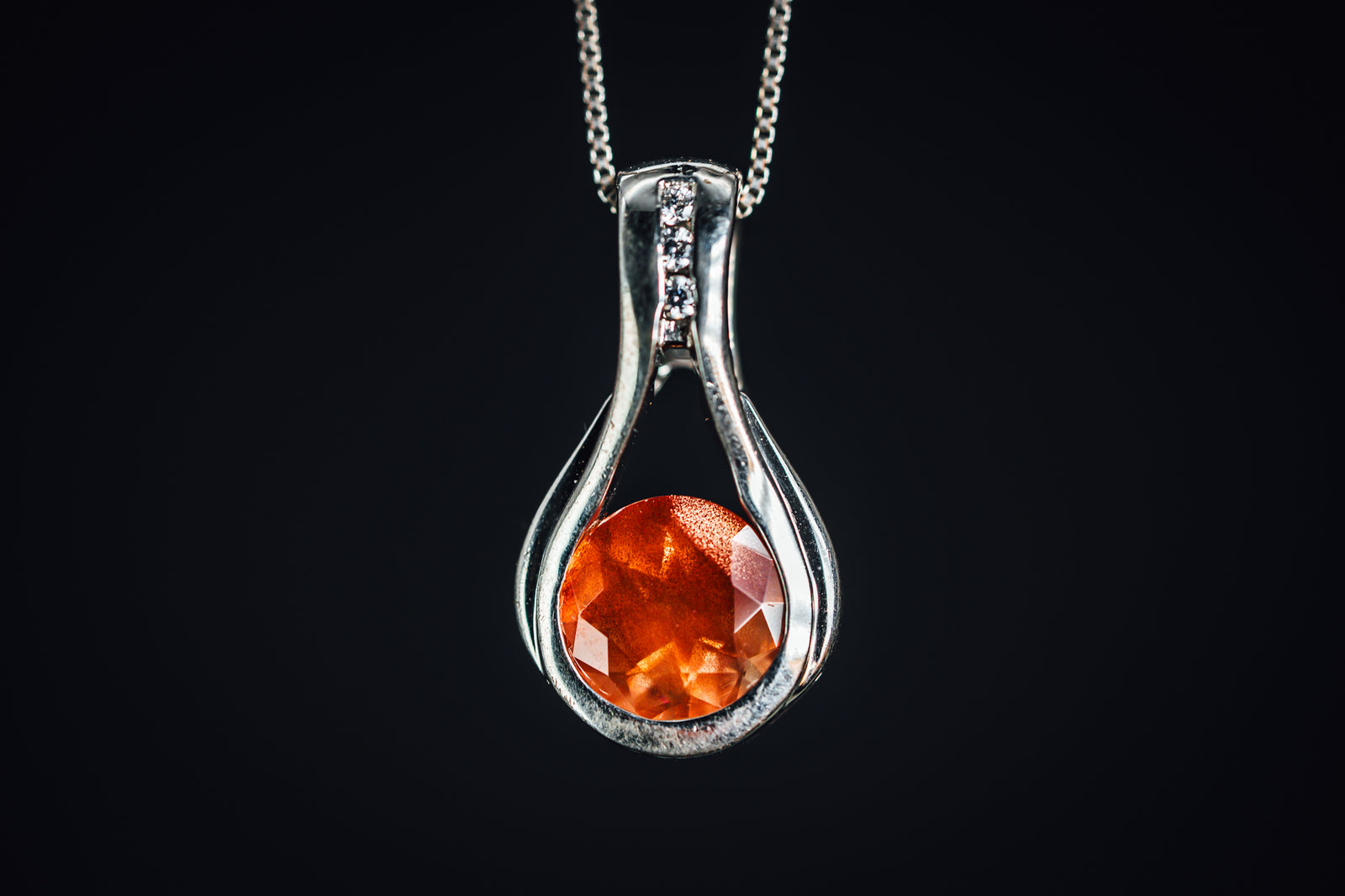 Sterling Silver Round Oregon Sunstone and CZ Pendant
