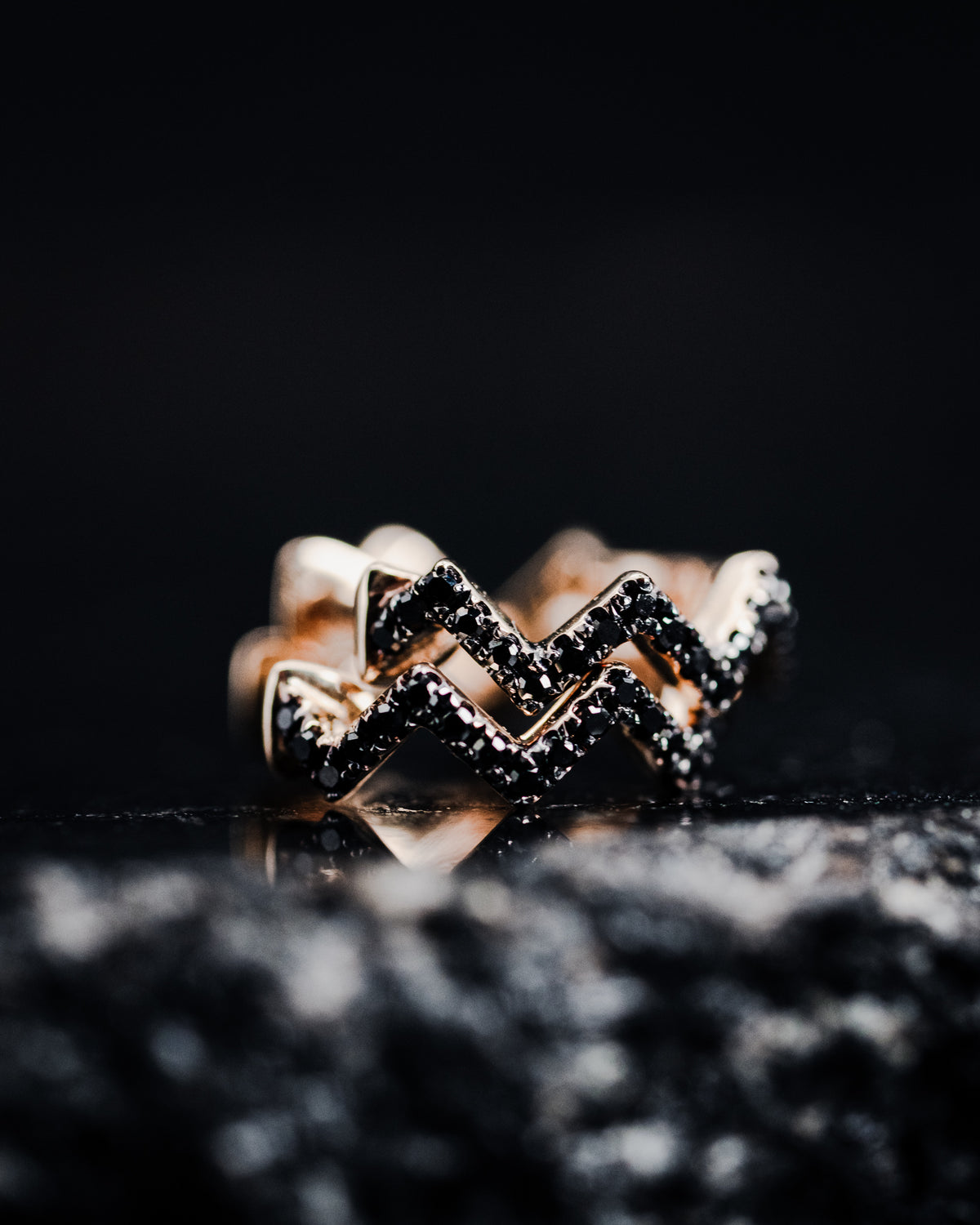 14k Yellow Gold Small Black Diamond Zig-Zag Huggie Hoop Earrings