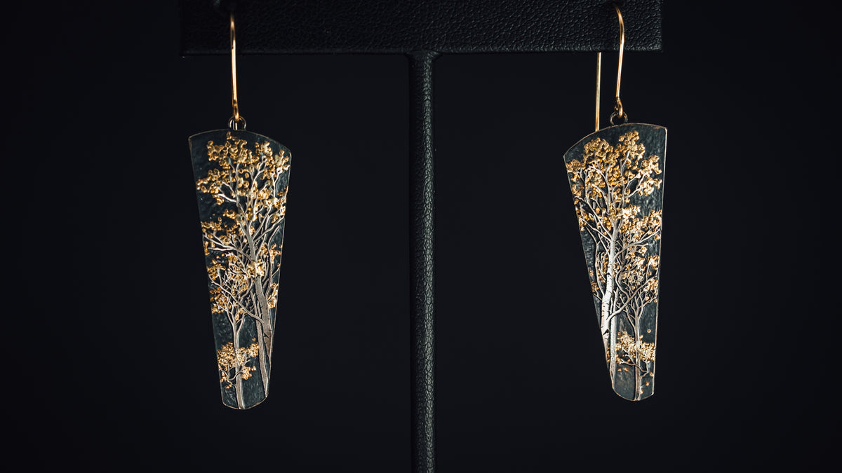 Oxidized Sterling Silver and 14k White and 18k Yellow Placer Gold Nugget Earrings