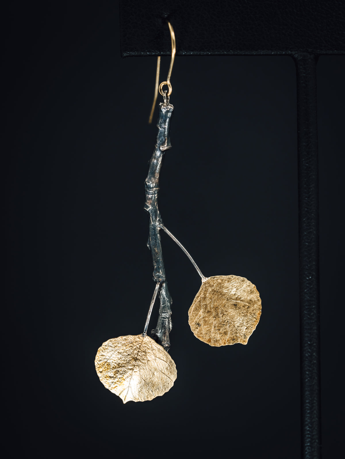 Oxidized Sterling Silver and 14k Yellow Gold Leaf and Branch Earrings